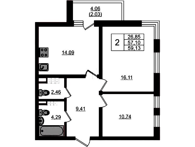 2-комнатная квартира 59.13 м², 4/4 эт., ЖК «Новая история»